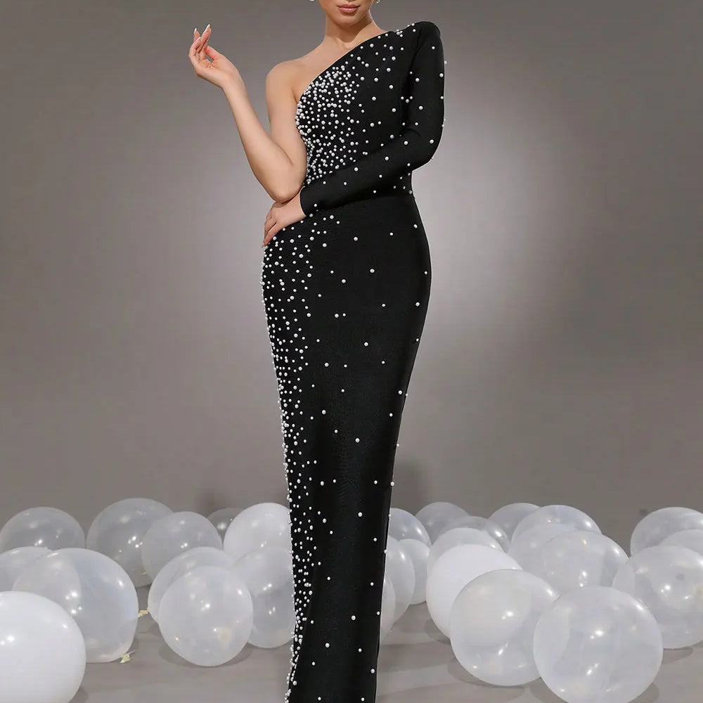 2025 Elegant Women Light Luxury Nail Bead Bandage Dress with Slant Neck Single Shoulder Sleeve Bodycon Black Long Dress Vestidos black
