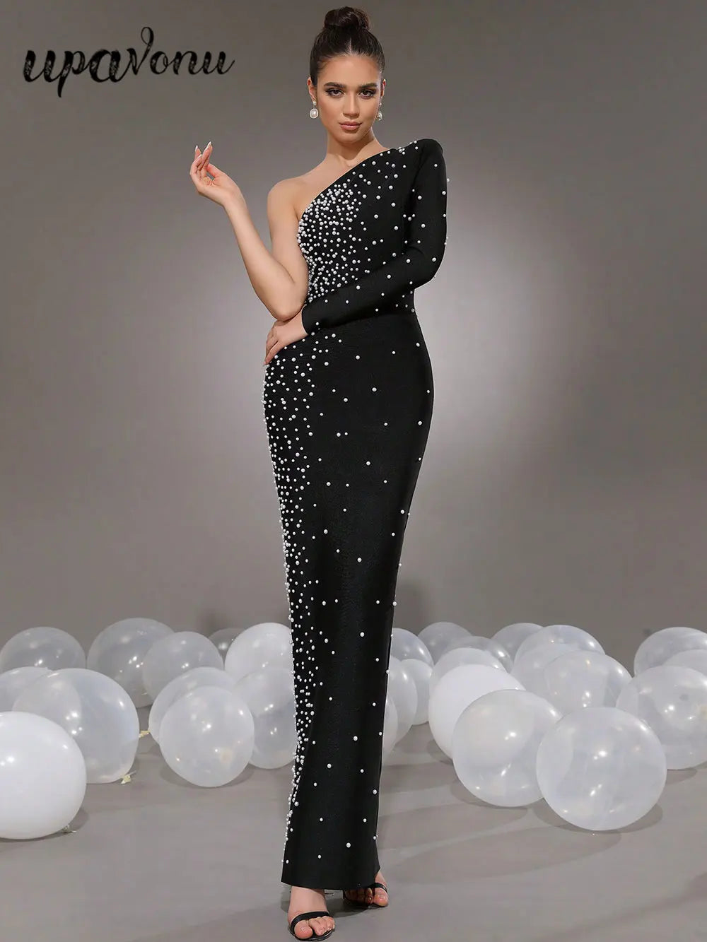 2025 Elegant Women Light Luxury Nail Bead Bandage Dress with Slant Neck Single Shoulder Sleeve Bodycon Black Long Dress Vestidos black