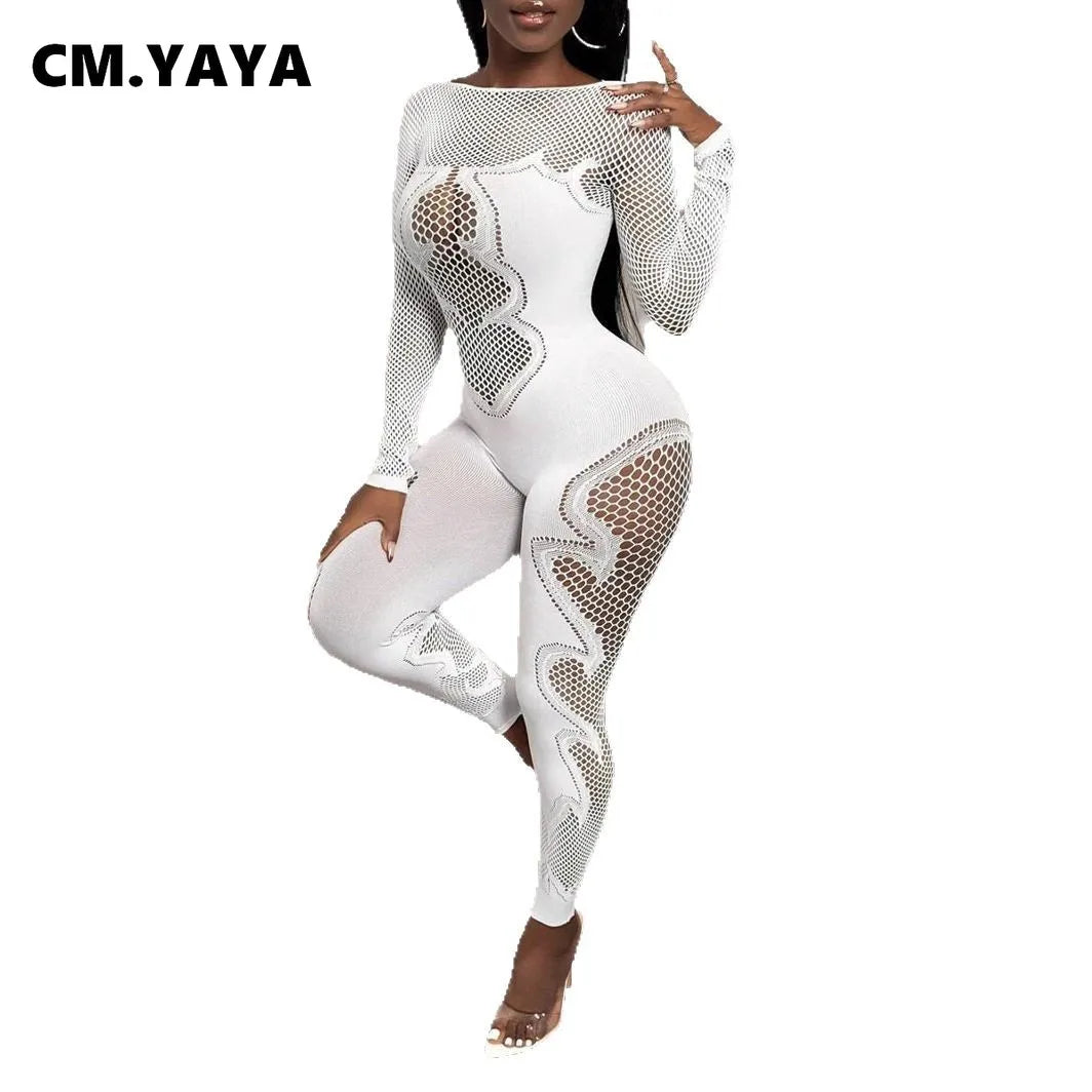 2025 O-neck Full Sleeve Women Mesh Hollow Out Jumpsuits Casual Night Club Sexystreet Sexy Perspective Outfits Rompers