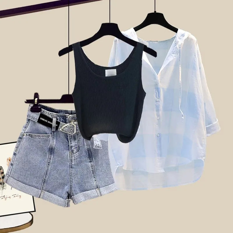 Women's Summer Shorts Suit 2024 New Casual Shirt+Strap+High Waist Jeans Three Piece Korean Elegant Blouse Pants Matching Set Set 05