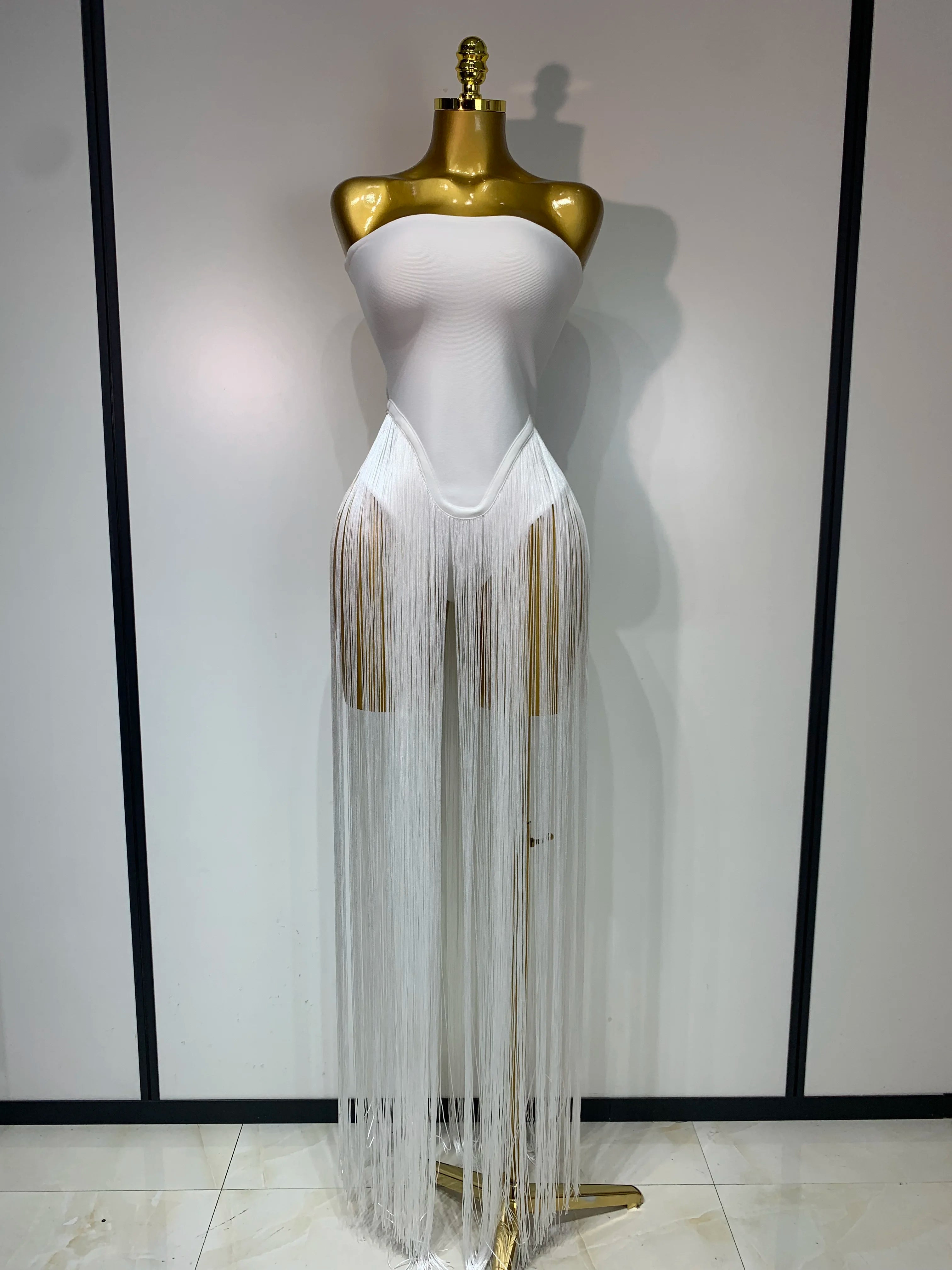 Fashion Design Long Tassel Patchwork Strapless Bandage Bodysuit Women Sexy High Street Evening Party Nightclub Hotwife Outfit WHITE