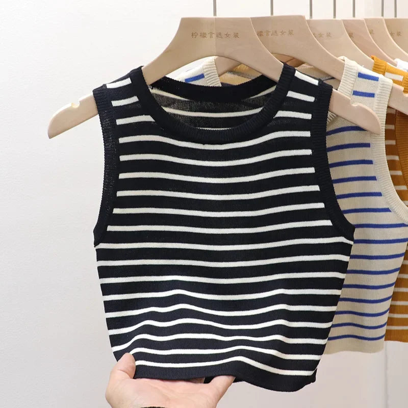 Summer Spring Striped Tank Tops Women Sleeveless Knitted T-Shirts Crop Tops Female Elastic Slim Casual Vests Pullover Camis black One Size