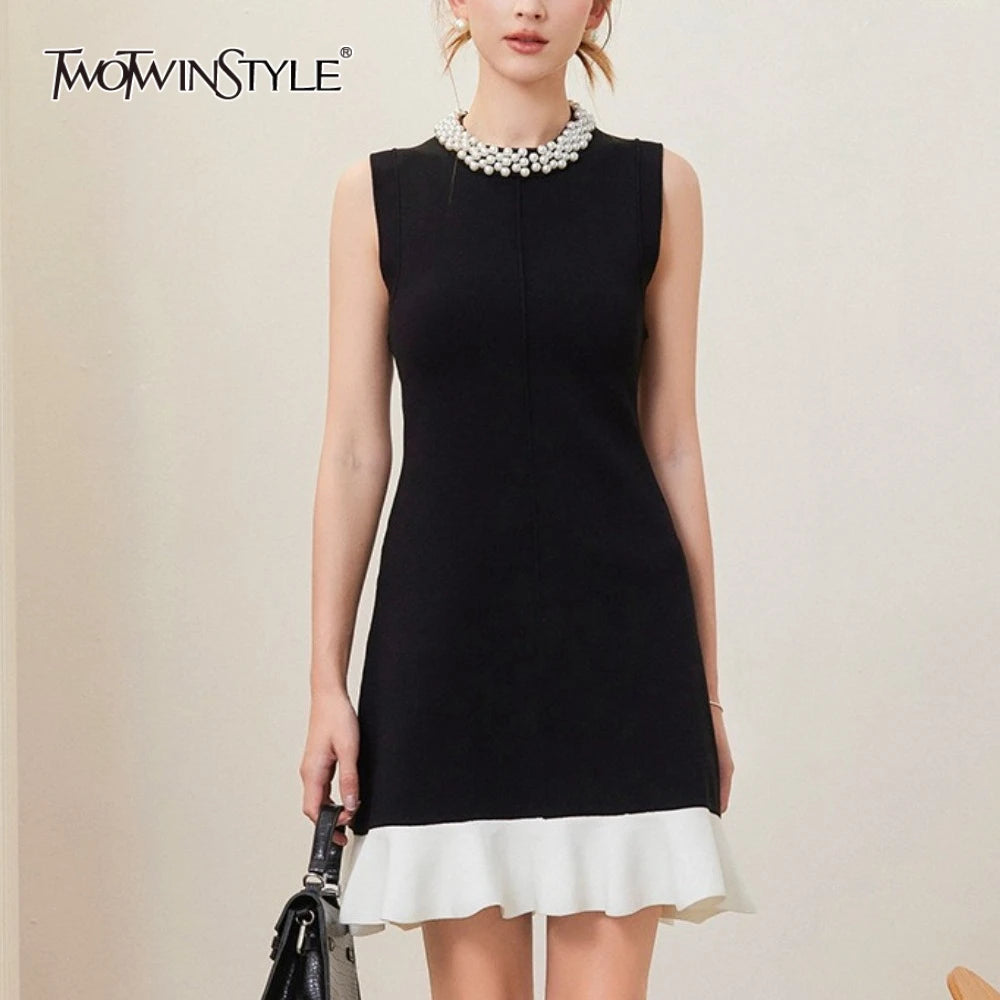 Hit Color Slimming Spliced Bead Elegant Mini Dresses for Women Round Neck Sleeveless Patchwork Ruffles Dress Female