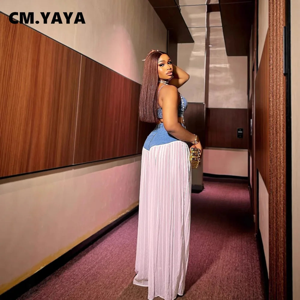 Fashion Denim Chiffon Women's Set Strapless Crop Top and Jeans Pants Suits 2025 Sexy Party Club Two 2 Piece Set Outfits