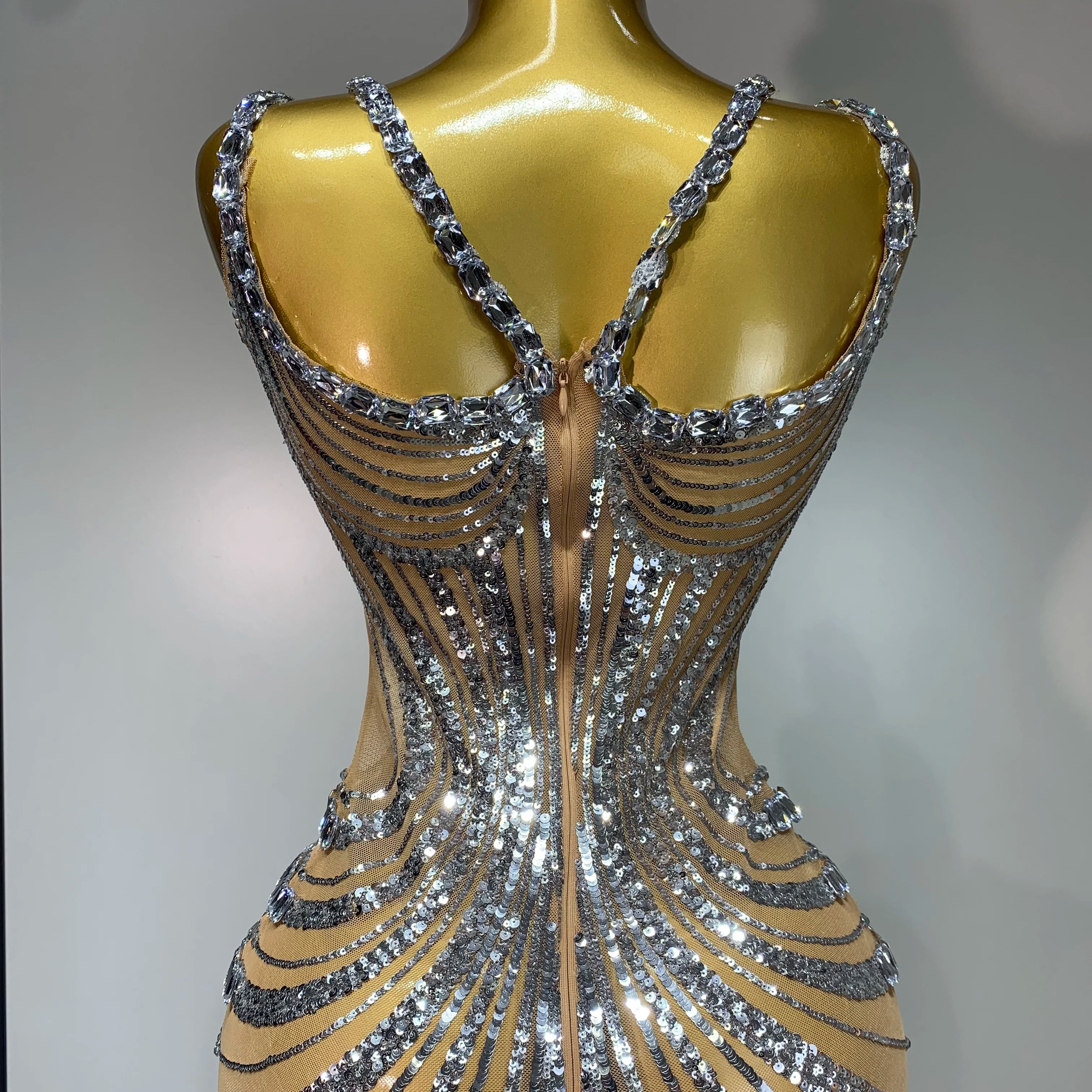 Sexy Silver Rhinestone White Mesh See Through Long Dress Women Luxury Birthday Party Prom Gown Singer Nightclub Stage Outfit