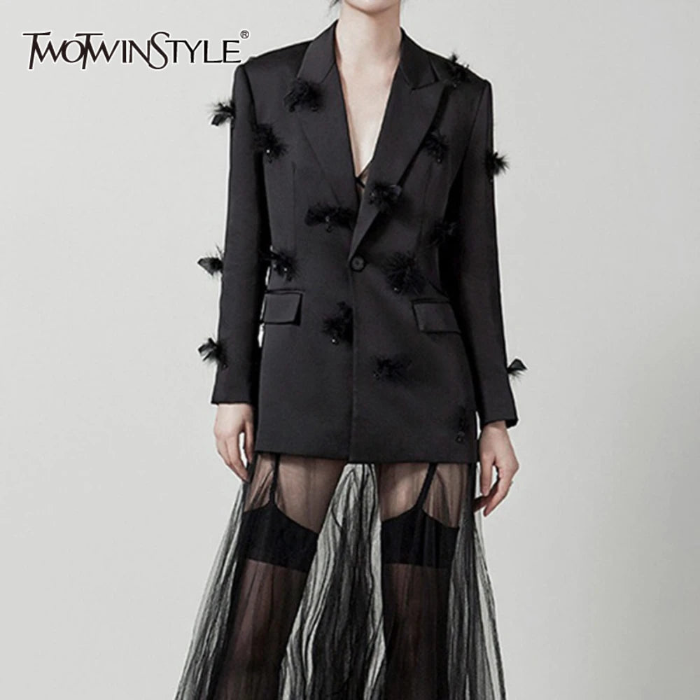 Solid Slimming Spliced Bead Feather Blazers for Women Lapel Long Sleeves Patchwork Button Blazer Female Fashion New