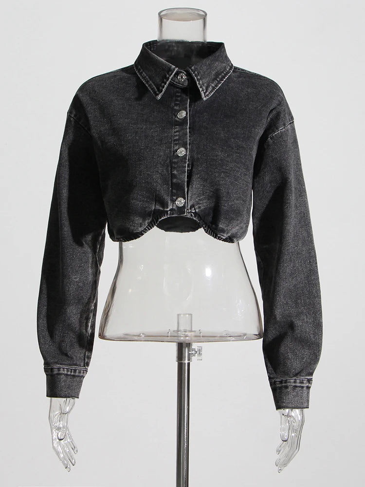 Black Two Piece Sets For Women Lapel Long Sleeve Short Top High Waist Patchwork Pocket Mini Skirt Denim Set Female