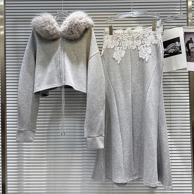 Winter New Fashionable Big Fur Collar Drawstring Sweatshirt Lace Waist Mermaid Skirt Thickened Set For Women 11A07480 Grey Suit