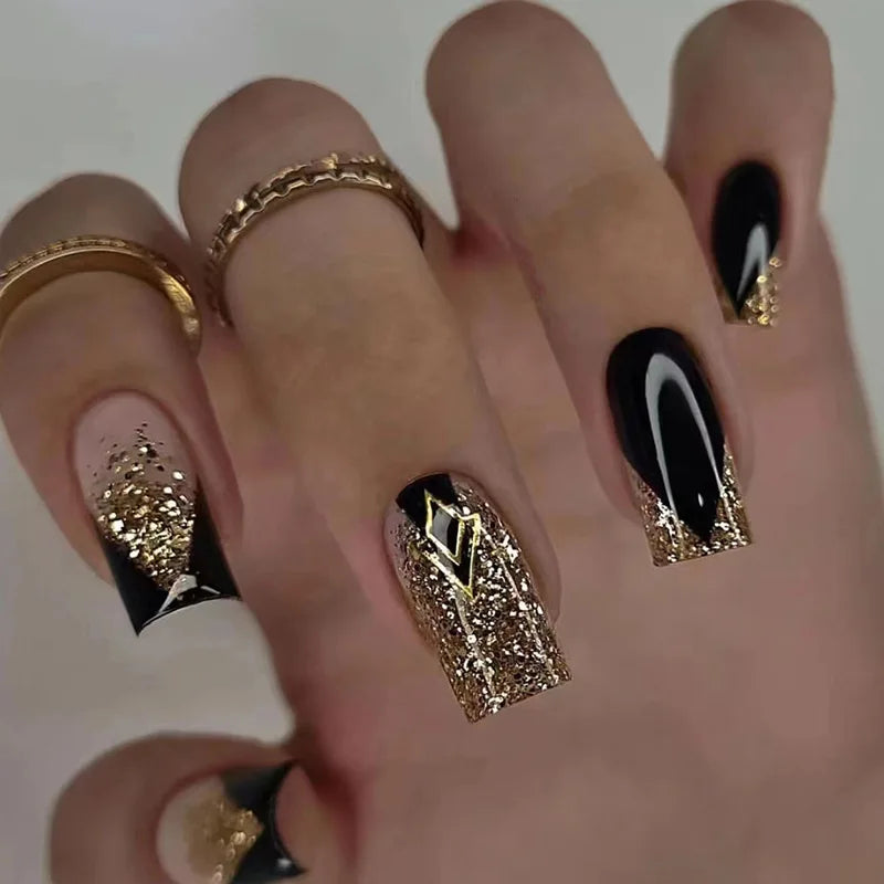 24Pcs Mid-length French False Nail with Diamond Gradient Square Press on Nails Flower Design Fake Nail Wearable Manicure Tools 302
