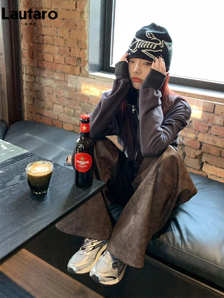 Spring Long Loose Casual Soft Distressed Brown Pu Leather Wide Leg Pants for Women High Waist Korean Style Fashion 2024