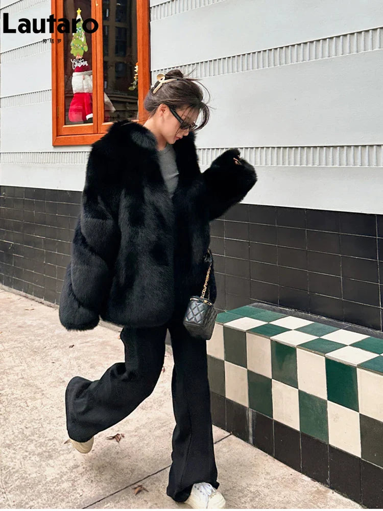 Autumn Winter Black Thick Warm Soft Hairy Shaggy Faux Fox Fur Coat Women Stand Collar Luxury Designer Fluffy Jacket 2024
