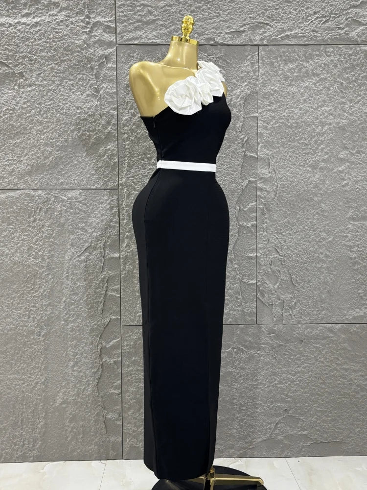 Women Sexy One Shoulder White Florals Bodycon Long Bandage Dress Celebrate Nightclub Party Fashion Outfit