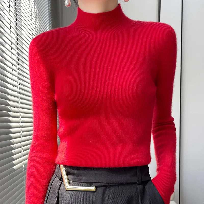 2022 Autumn and Winter Women's Cashmere Sweater Pullover Half Turtleneck Casual Fashion Pure Color Warmth Comfort wind red