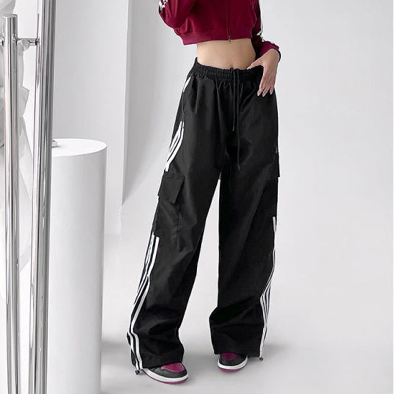 Striped Sweatpants Women Hip Hop Streetwear Baggy Wide Leg Cargo Pants Bf Y2K High Waist Drawstring Joggers Trousers Black