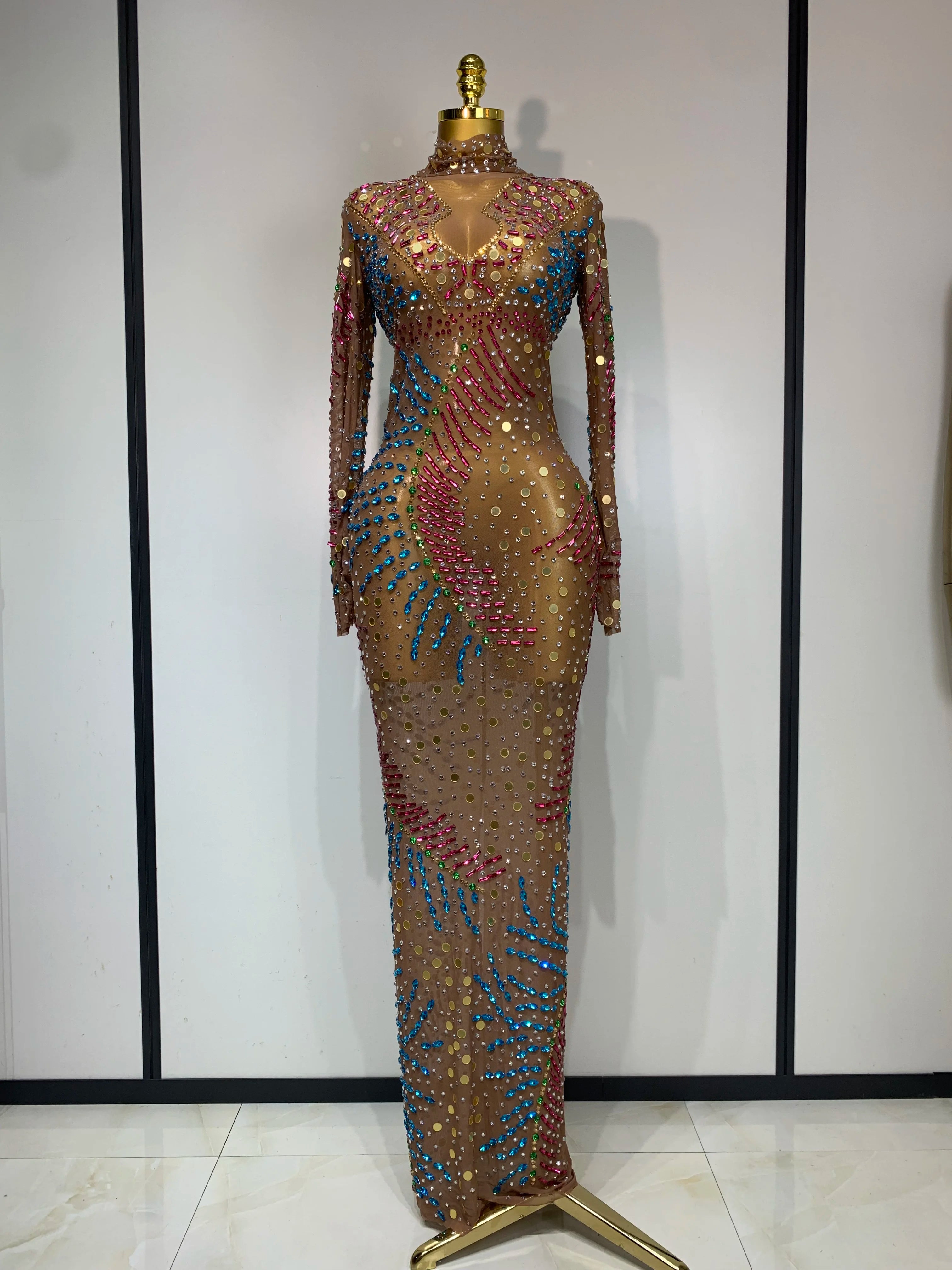 Women Sparkly Rhinestone See Through Elastic Mesh Women Long Dress Evening Prom Birthday Party Wear Club Performance Costume Dark Brown