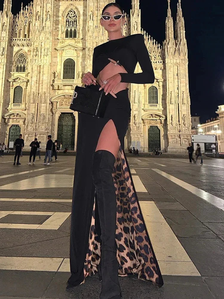 Women Celebrity Sexy Long Sleeve Leopard Black Maxi Long Skirt Bandage Set Elegant Evening Club Party Outfits black