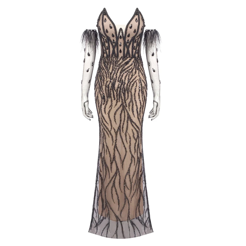 Black Strapless Sequins Long Dress Beading Gloves Glitter Diamond Elegant Maxi Cocktail Evening Party Gown Vestido Beige