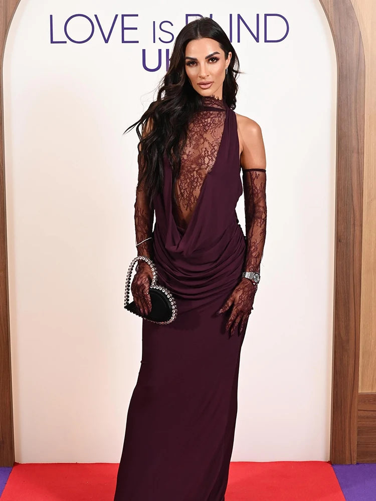 Sexy Turtleneck Lace Patchwork Long Dress Women Sleeveless Backless Pleated Celebrity Evening Party Gowns with Gloves