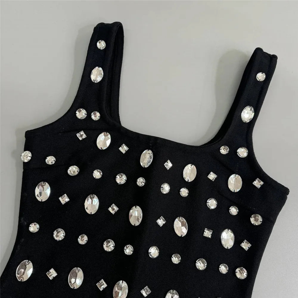 Big Crystal Women Sleeveless Sexy O-Neck Bodycon Long Bandage Dress Fashion Evening Party Cocktail Dress Vestido