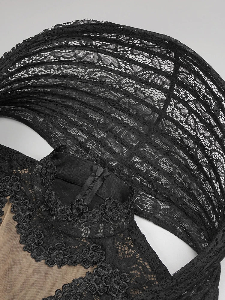 Lace Accent Maxi Dress High Neckline Cut-out Tulle Fabric Long Sleeves Floor Length Cocktail Party Evening Gowns