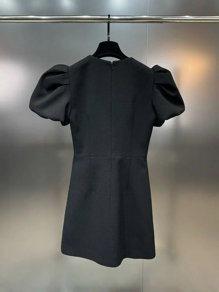 DEAT Fashion New Items Women's Diamonds Bows Hollow Out Spring Trendy Round Neck Puff Sleeves Dresses Female 11XX8796