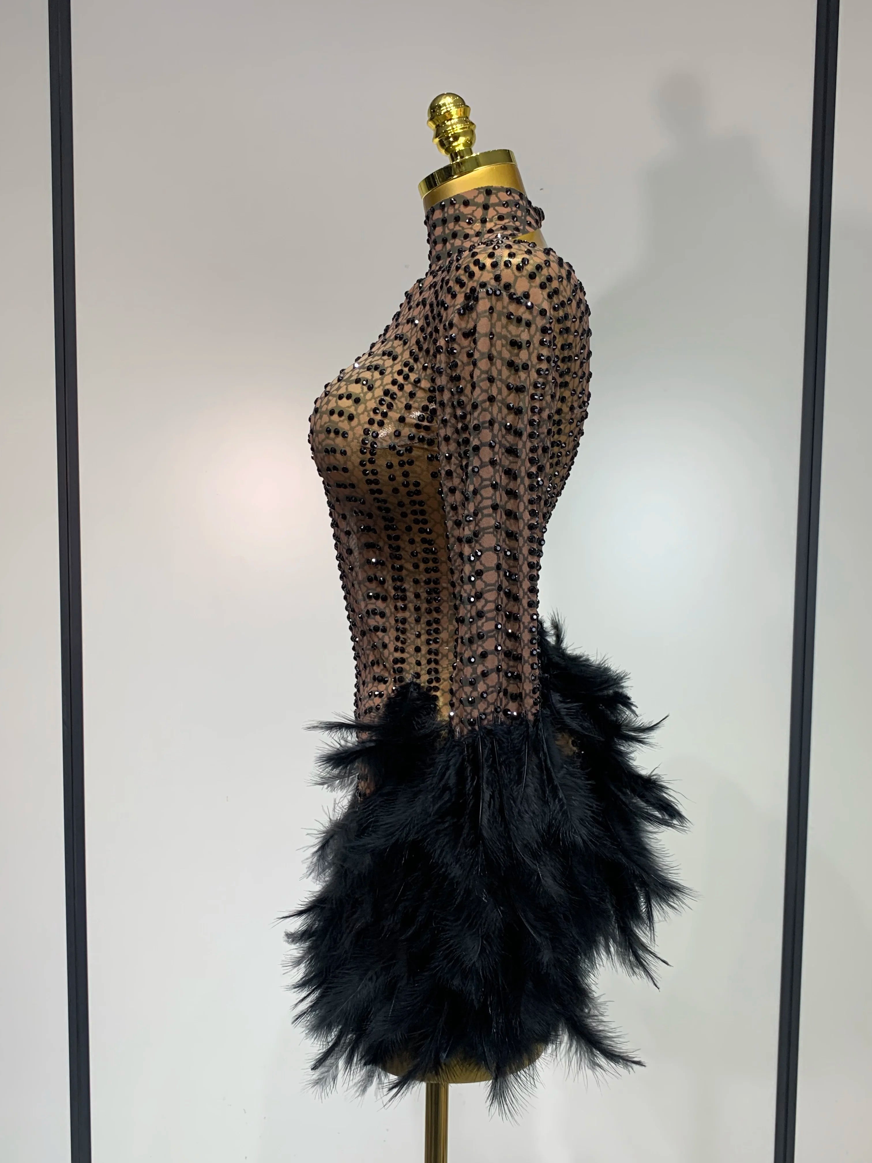 Women Luxury Birthday Dress Rhinestones Mesh Feathers Bodycon Mini Celebrity Evening Club Party Dress Nightclub Stage Outfit