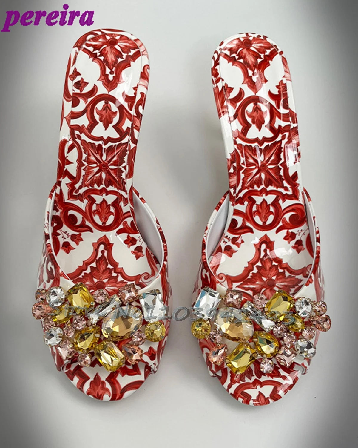 Elegant Summer Women's High Heel Baroque Print Jeweled Slides Sandals Baroque Fashion Crystal Embellished Open Back Shoes 2025