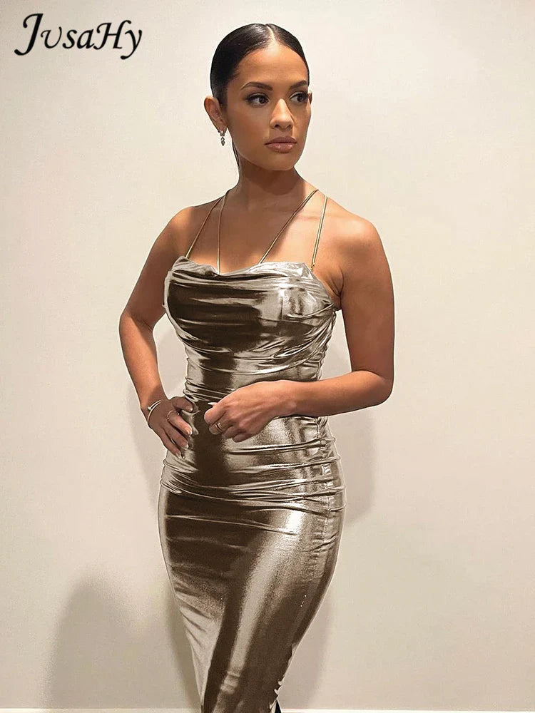 JusaHy Women New Y2K Retro Golden Sexy&High Street Elegant Pleated Low Chest Elastic Skinny Party Solid Chic Slip Long Dress Gold