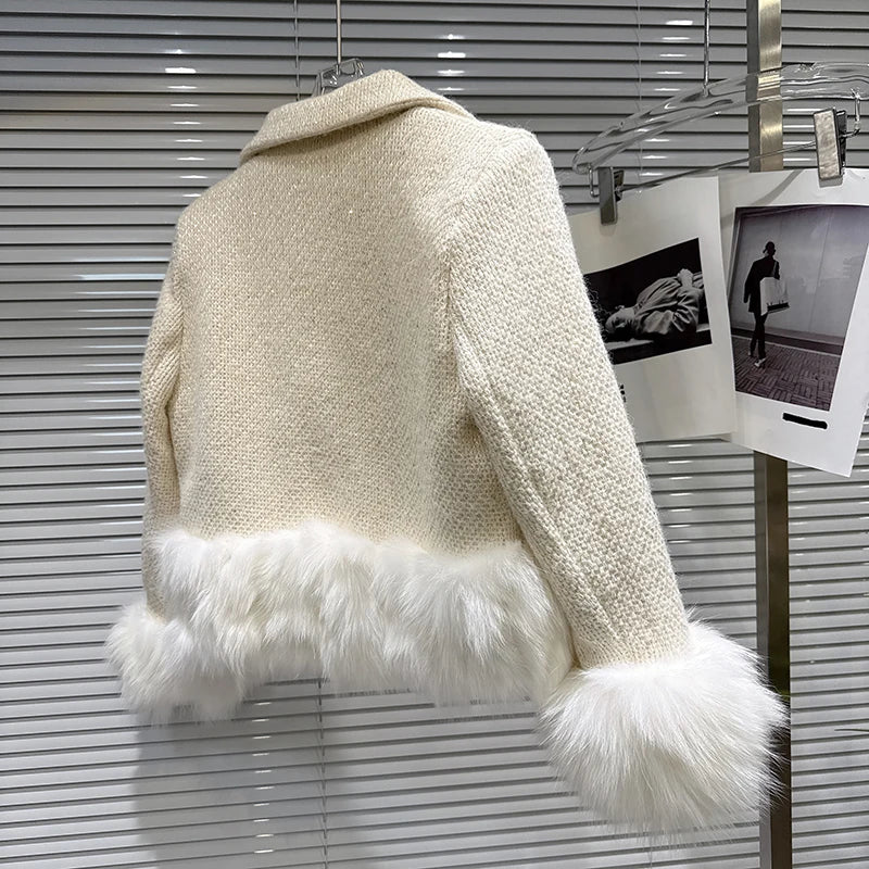 Winter New Fashion High-end Fox Fur Patchwork Woolen Suit Collar Cotton Short Coat For Women Elegant Jacket 11A07690