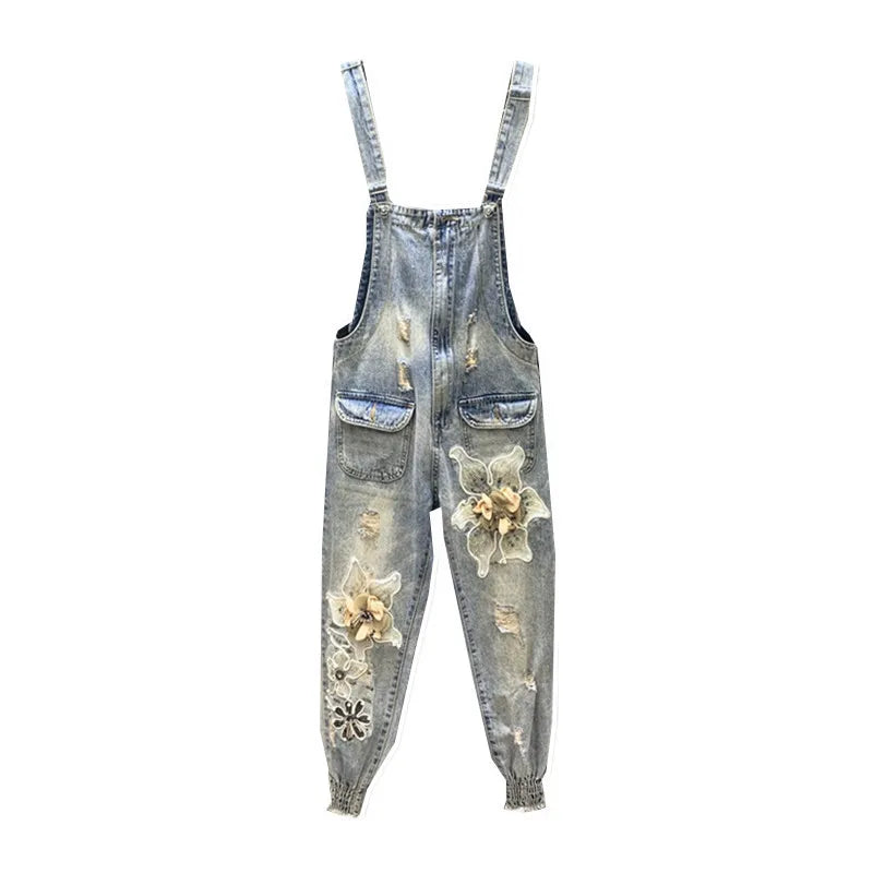 Spring 2023 New Heavy Industry Beads Three-Dimensional Flower Suspender Denim Jeans Casual Romper Skinny Jeans Jumpsuit Women