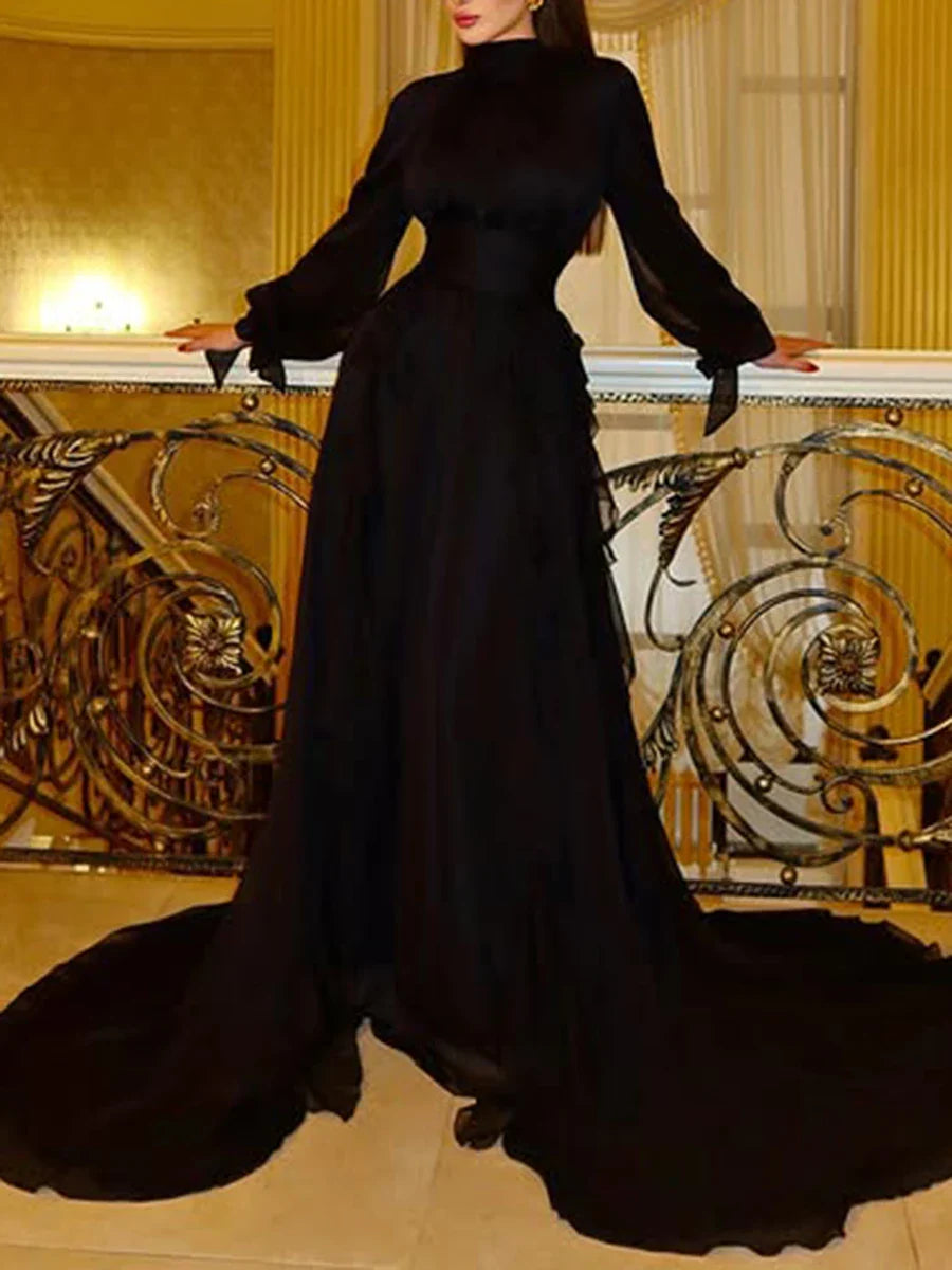 Solid Loose Midi Dresses for Women Round Neck Long Sleeves Patchwork Lace Up Temperament Dress Female Clothing New BLACK