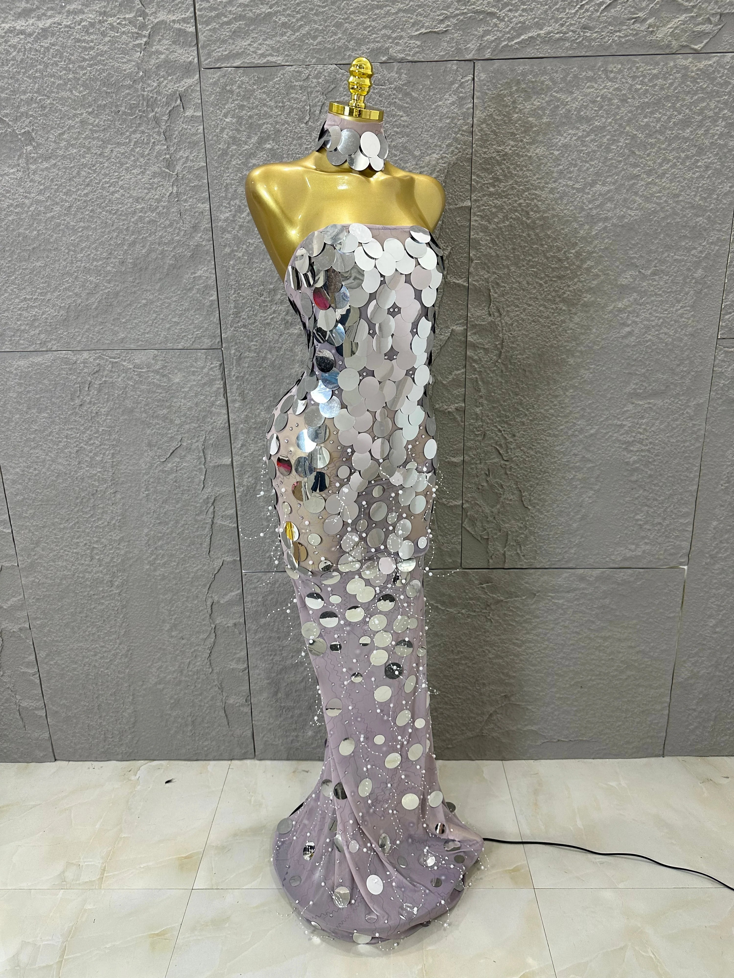 Opulent Silver Gold Sequin Maxi Dress Women Sexy Strapless Sheer Mesh Beaded Trim Bodycon Outfit Evening Gala Party Costume