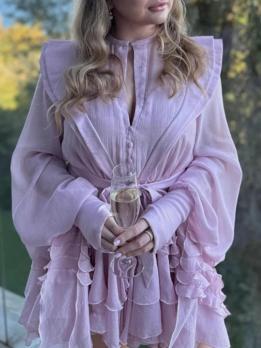 Slimming Spliced Ruffles Folds Dresses for Women Round Neck Long Sleeves Patchwork Button Dress Female Fashion New