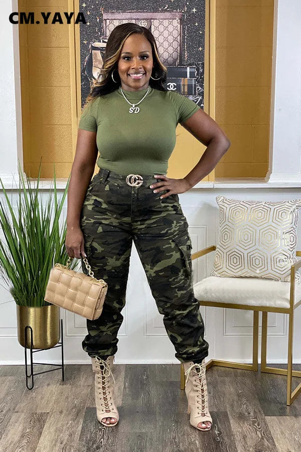 Women’s Camouflage Printed Slim Cargo Pants 2024 Spring/Summer Pocket Jogger Street Fashion Safari Trousers