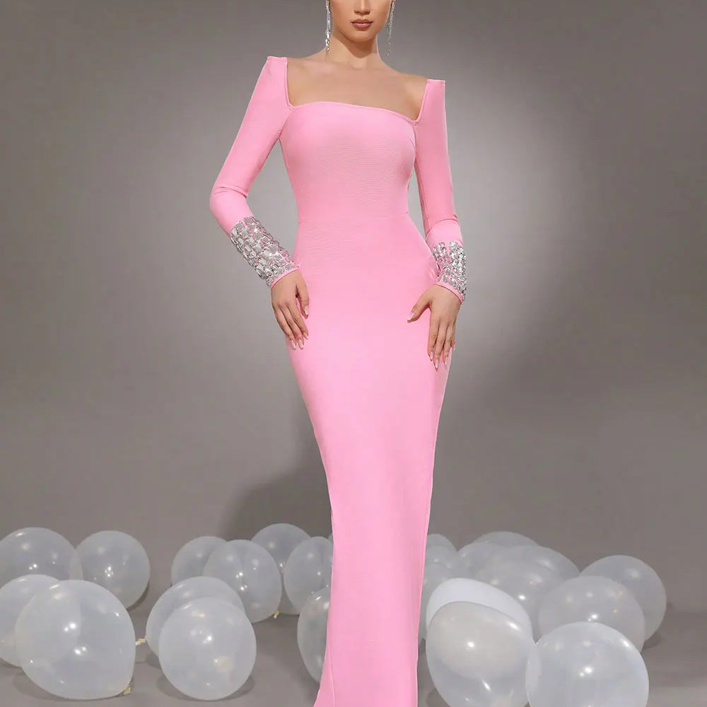 2025 New Women'S Elegant Bandage Dresses Square Neck Long Sleeved Nail Bead Design Bodycon Long Dress Evening Party Vestidos Pink