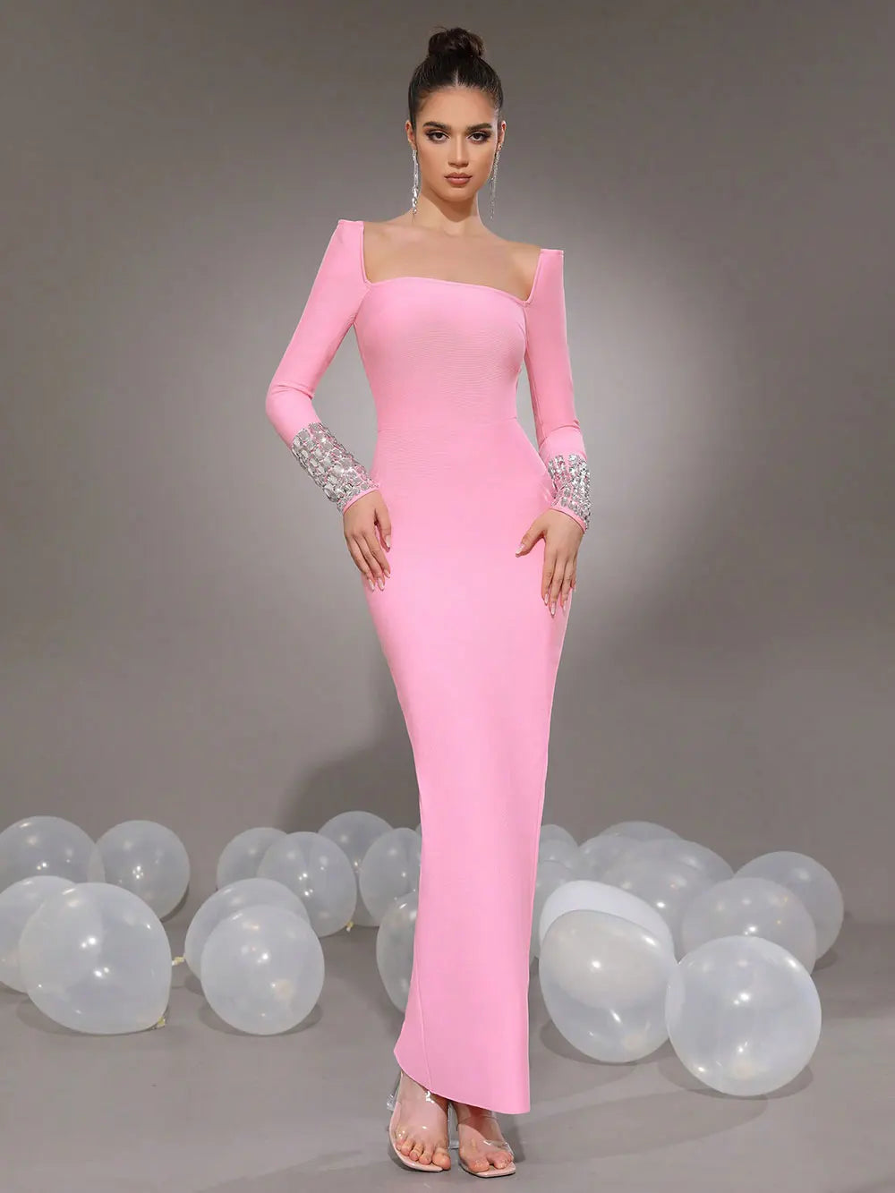 2025 New Women'S Elegant Bandage Dresses Square Neck Long Sleeved Nail Bead Design Bodycon Long Dress Evening Party Vestidos Pink