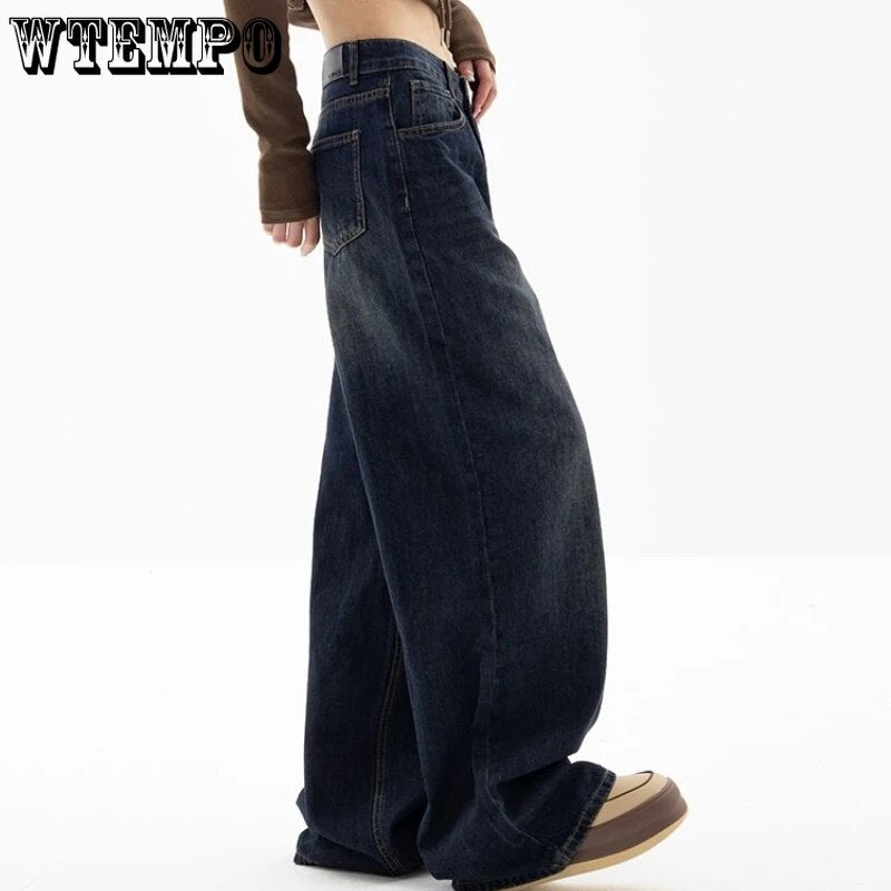 WTEMPO Vintage Women Wide Leg Jeans Harajuku Baggy Denim Trousers Oversized Grunge Streetwear Y2k Autumn Pants Korean Fashion