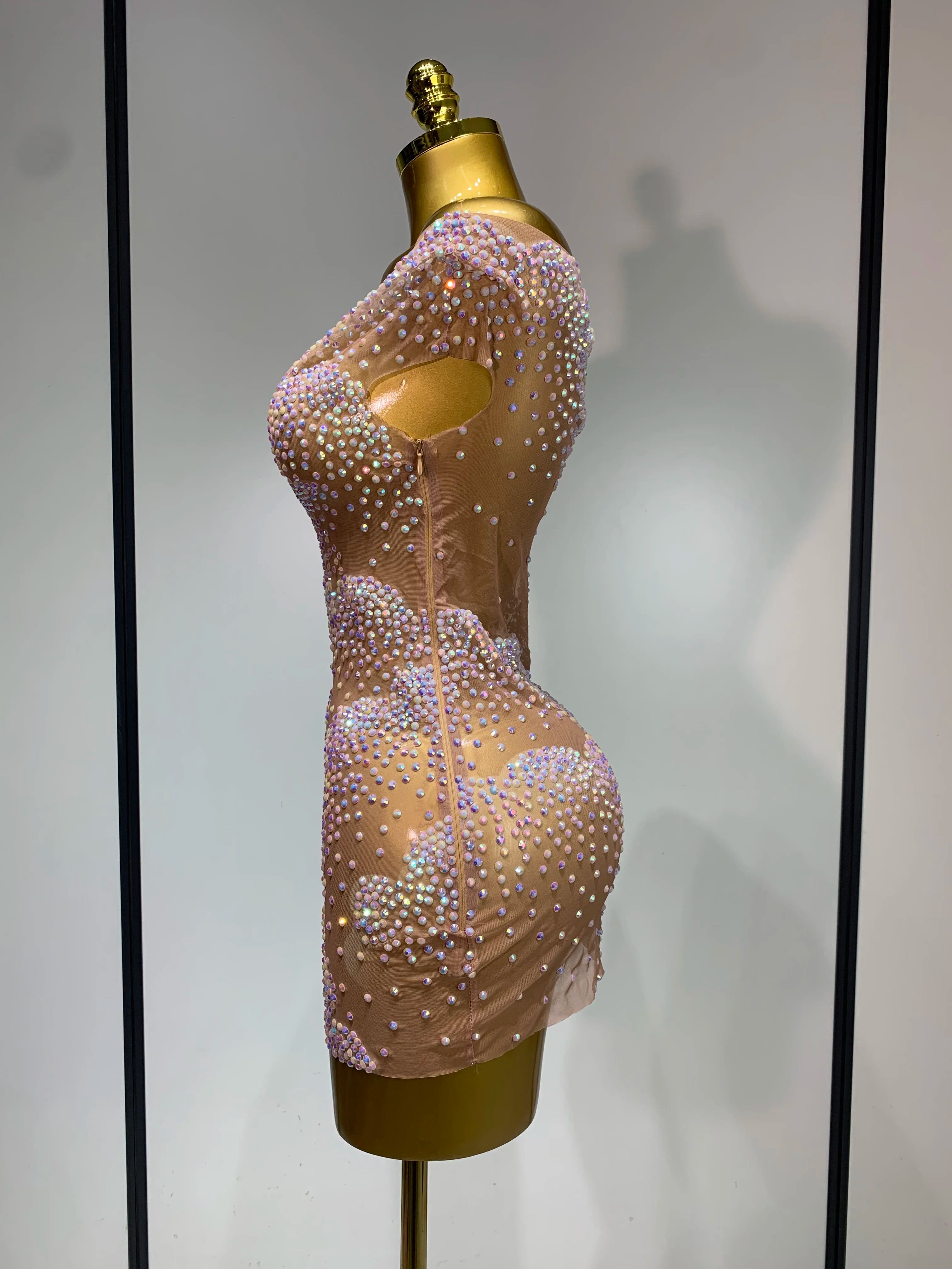 Women Sexy Mesh See Through Mini Dress Celebrate Birthday Evening Party Dress Luxury Rhinestones Stage Performance Costume