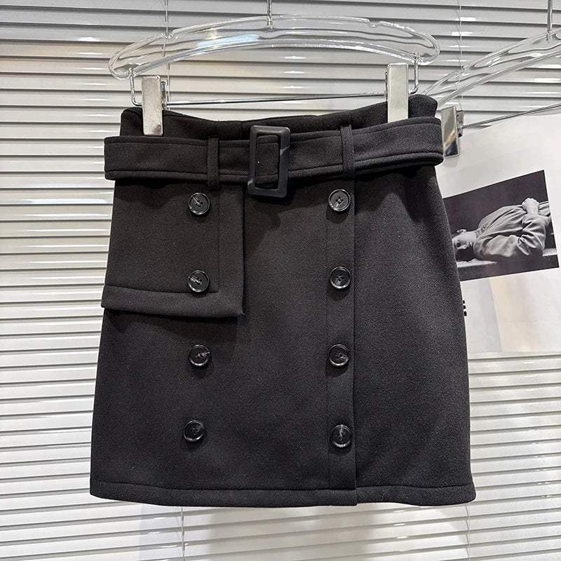 Winter New Fashion Style Double-Breasted Belted Woolen Short Skirt For Woomen Wrapped Hip A-line Skirts 11A07803 Black