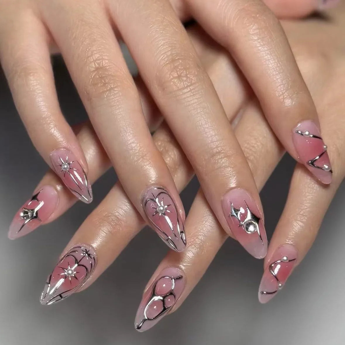 24Pcs Mid-length Almond Fake Nail Pink Blush Cool French Rhinestone Press on Nails with Metal Stripe Wearable Oval Manicure Art 2