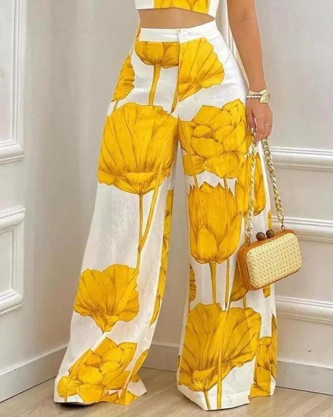 Two Piece Sets Womens Outifits Spring Fashion Plants Print Sleeveless Crop Cami Top & Casual Wide Leg Vacation Pants Set