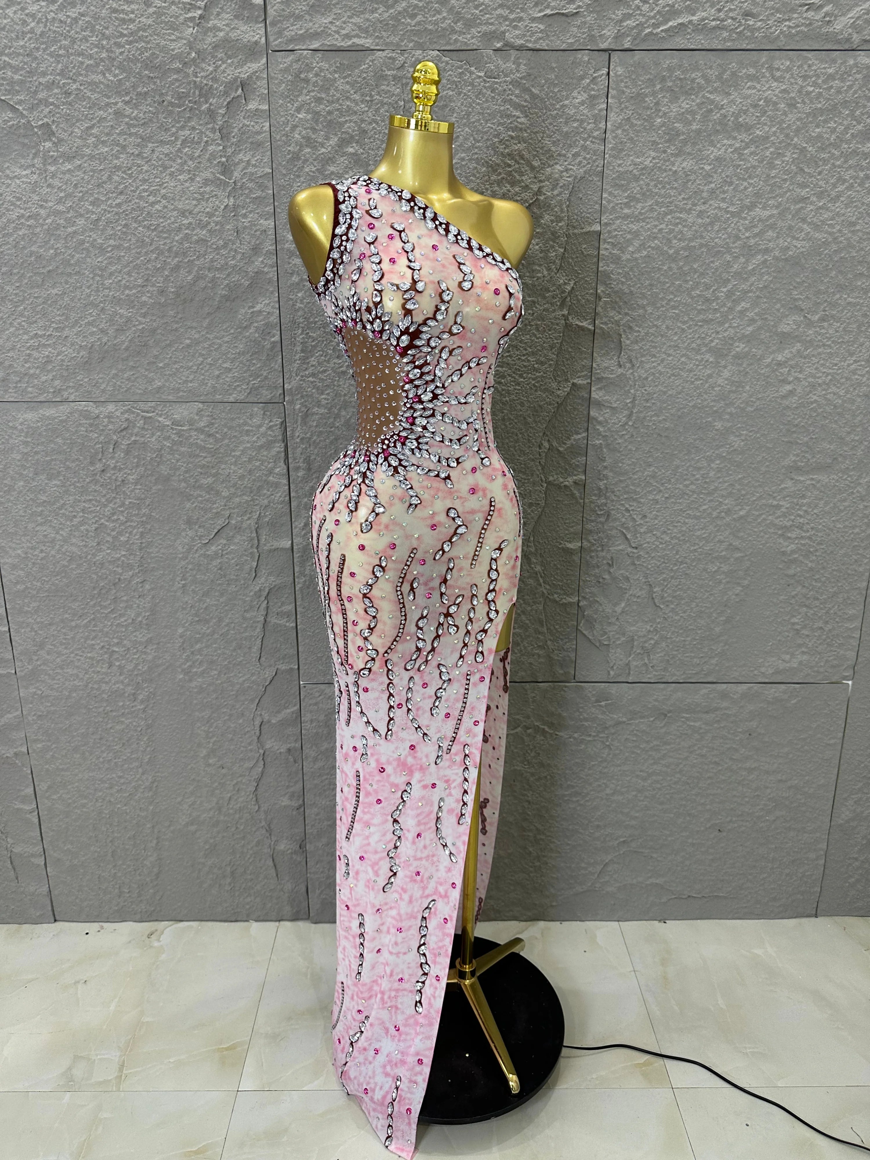Women Sexy One-Shoulder Crystal Rhinestone Cutout High Slit Sheer Mesh Bodycon Outfit Stage Performance Evening Party Costume