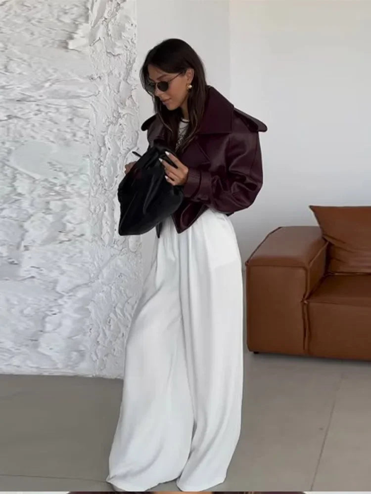 Fashion Burgundy Lapel Leather Jackets For Women Casual Loose Pockets Long Sleeve Coats Autumn Lady High Street Outerwear