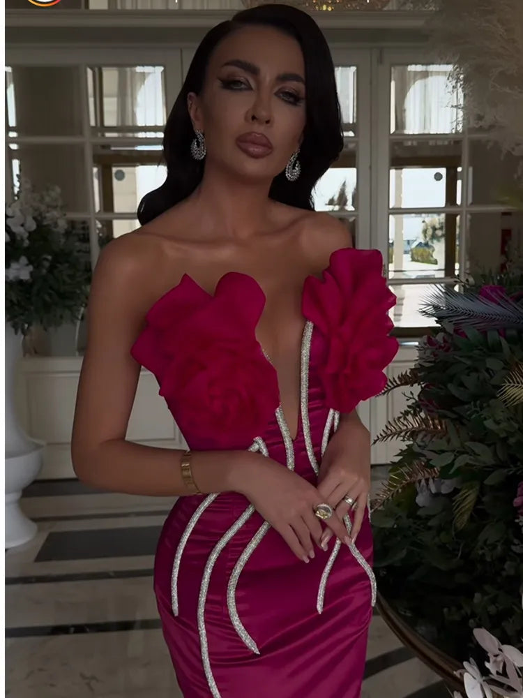 Women Celebrity Sexy Strapless Backless Beading Diamonds Pink Maxi Long Bandage Dress Elegant Evening Club Party Dress