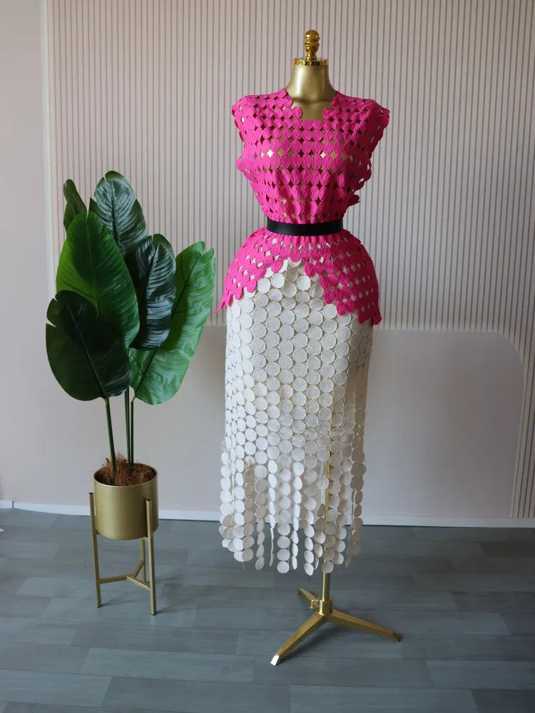 CM.YAYA Women Cutout O-neck Crop Top and Bodycon Midi Slim Maxi Long Skirt Suit 2025 Summer Vacation Sexy Two 2Piece Set Outfits