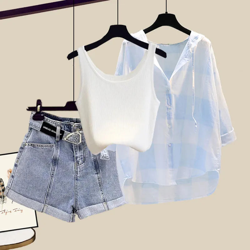 Women's Summer Shorts Suit 2024 New Casual Shirt+Strap+High Waist Jeans Three Piece Korean Elegant Blouse Pants Matching Set Set 02