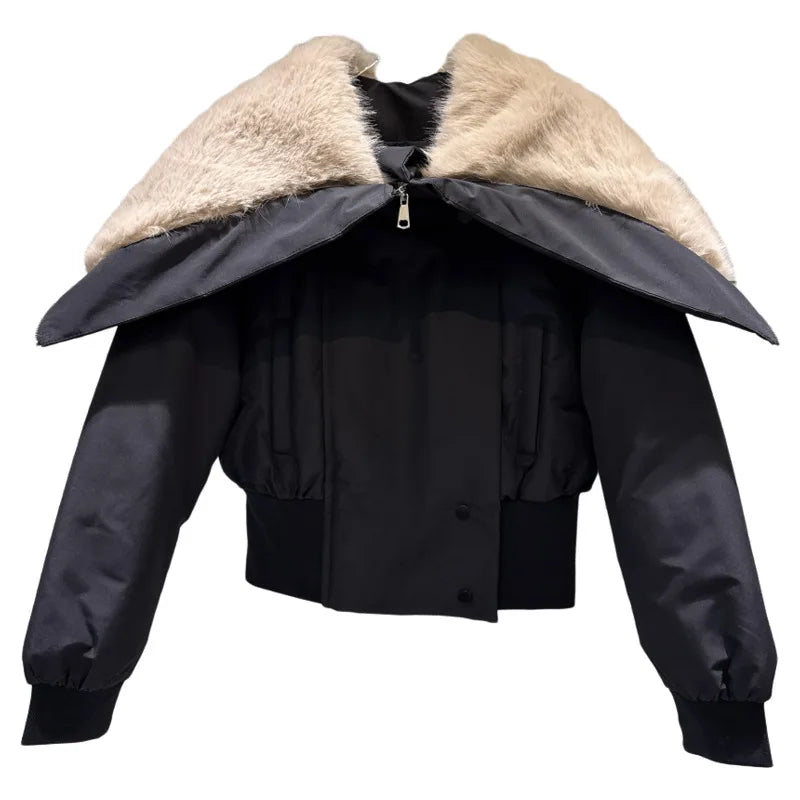 Winter New Fashiona Zipper Big Fur Sailor Collar Waist-Cinching Short Cotton Jacket For Women Short Coat 11A07588