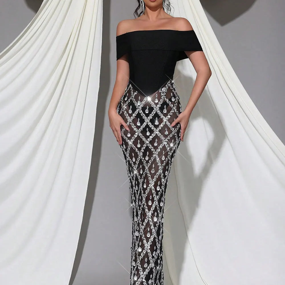 2025 Spring Sexy Women's Chiffon Patchwork Sparkle Nail Bead Long Dress V-neck Short Sleeve Bodycon Dress Cocktail Banquet Dress Silver