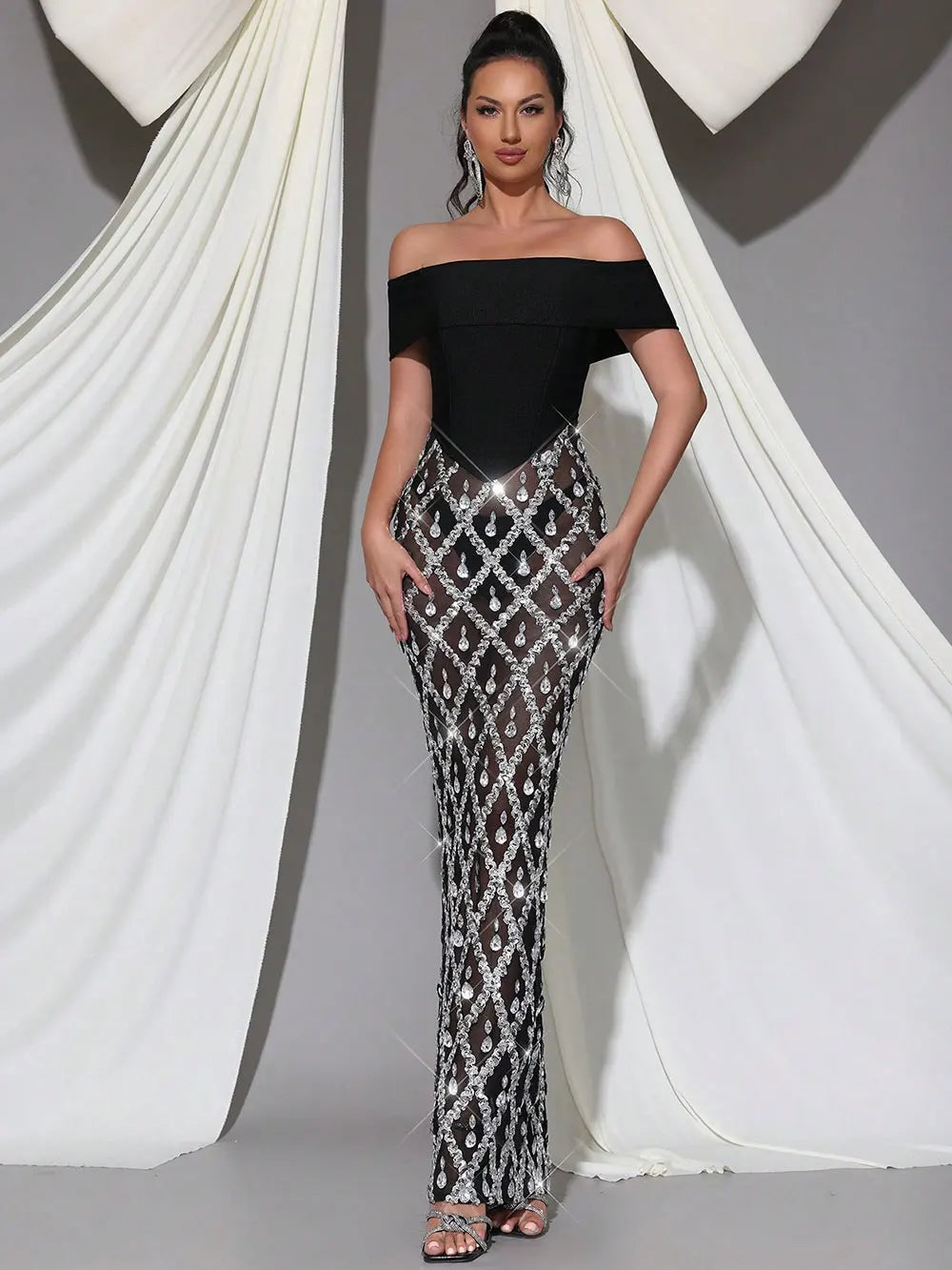 2025 Spring Sexy Women's Chiffon Patchwork Sparkle Nail Bead Long Dress V-neck Short Sleeve Bodycon Dress Cocktail Banquet Dress Silver