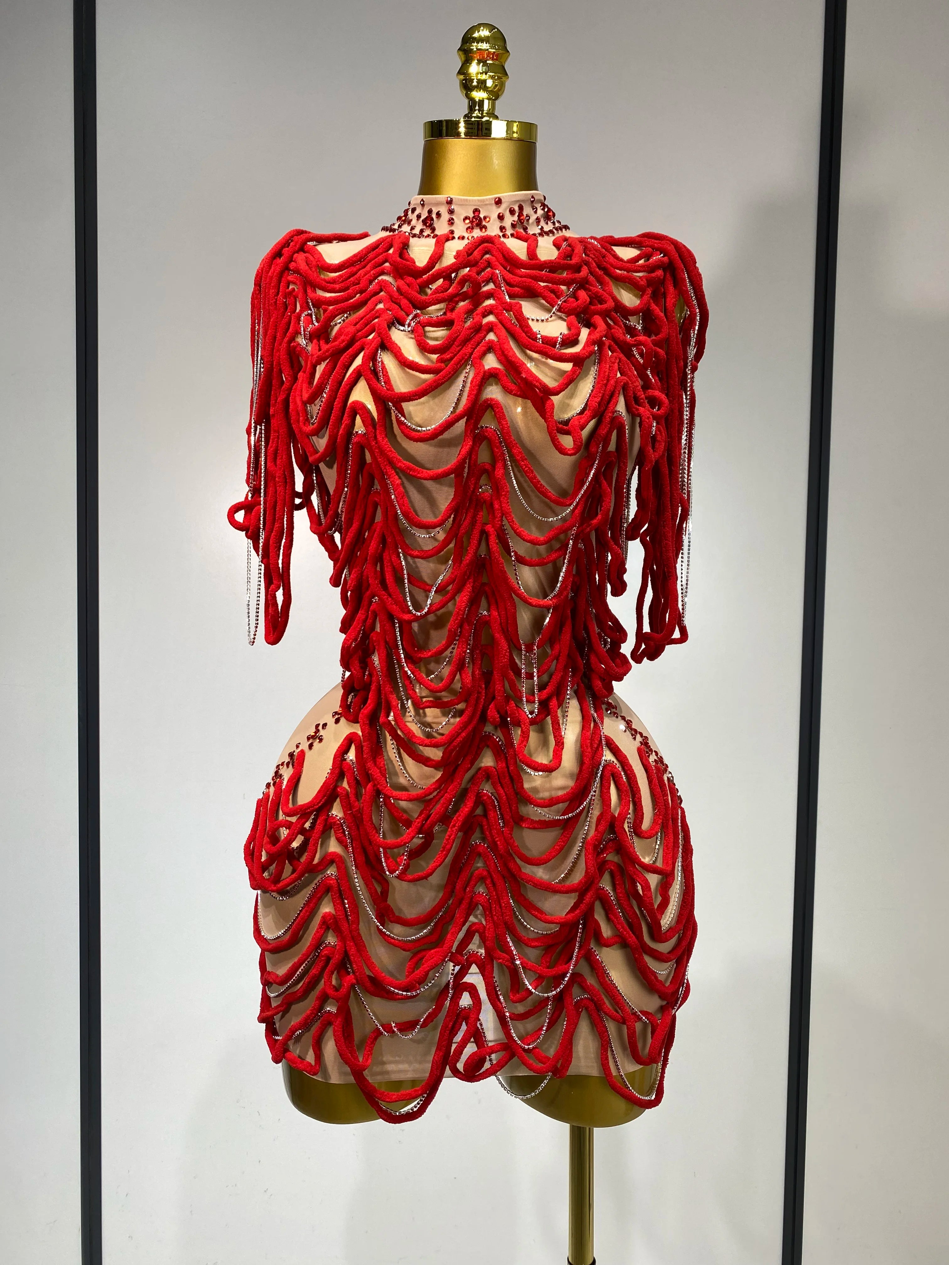 Women Sexy Fashion Short Dress Mesh Designer Rhinestones Chain Stage Costume Nightclub Celebrate Party Performance Outfit Red